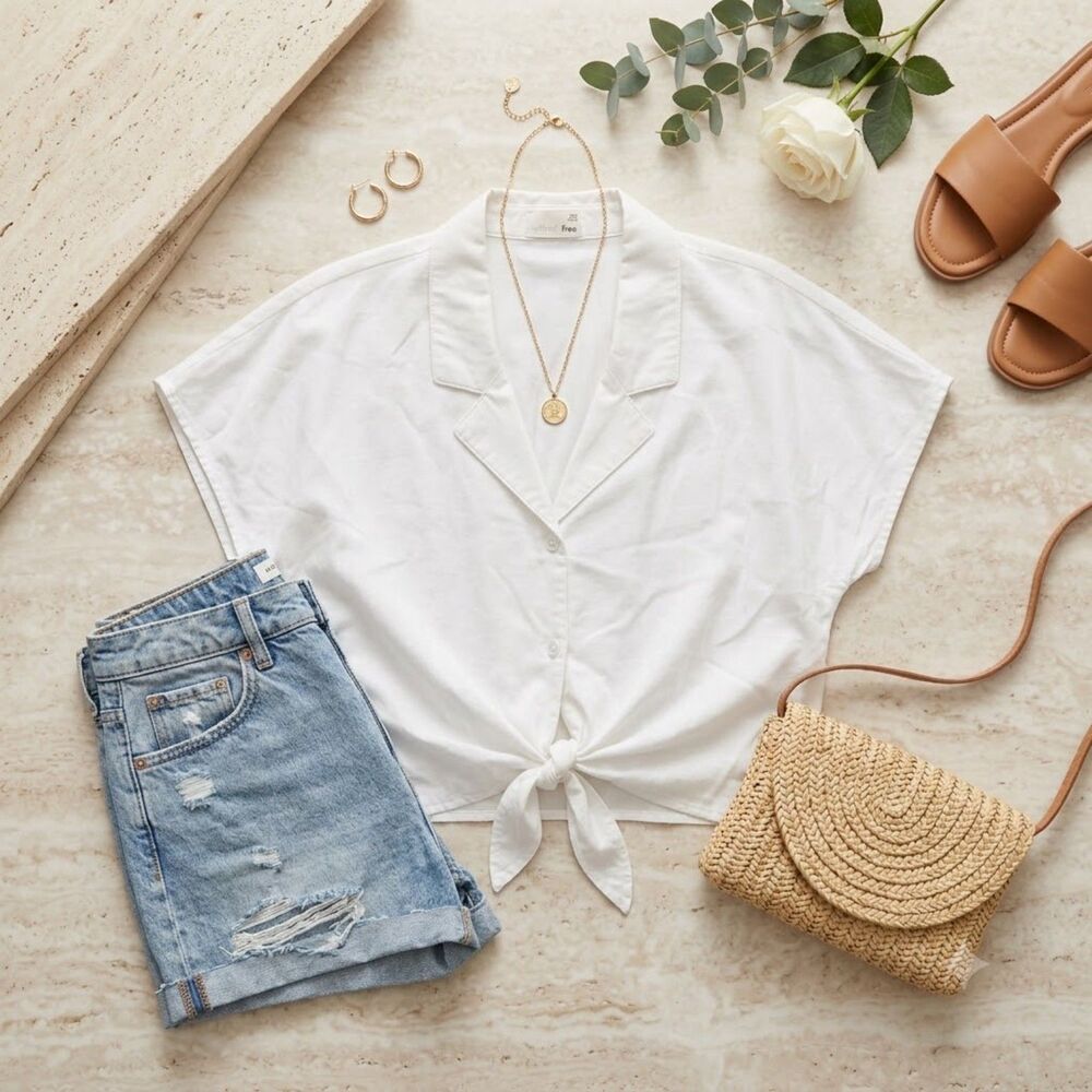 Aritzia Wilfred Free White Tie-Front Button Up Crop Shirt XS